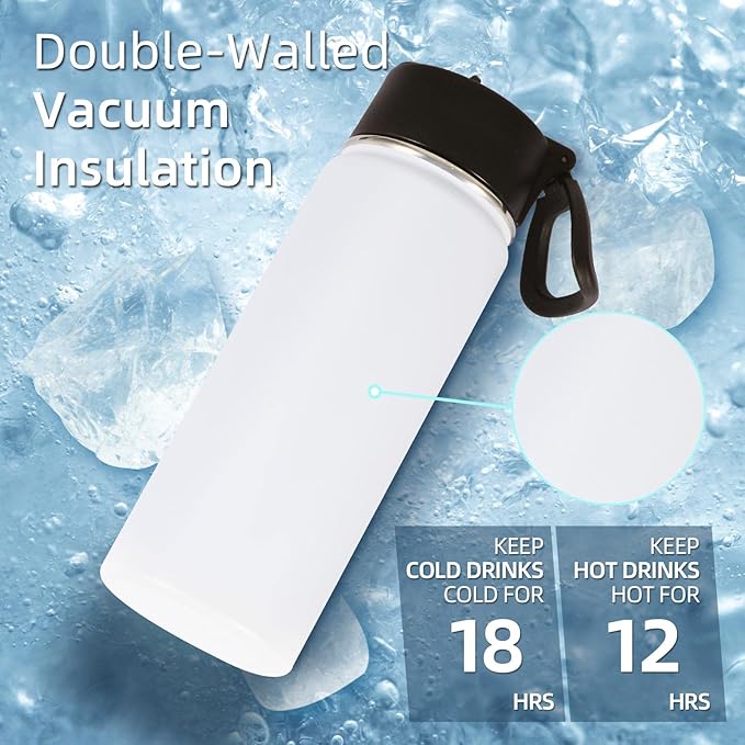Volhoply 18oz Insulated Water Bottle Bulk 4 Pack,Kids Stainless Steel Water Bottles with Straw Lid,Wide Mouth Reusable Metal Bottle,Double Wall Vacuum Sports Flask For Cold Drink(White,4 Set)