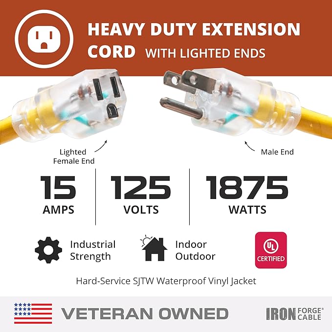 Iron Forge Cable Outdoor Extension Cord 10 Ft, 2 Packs - 10 Gauge Heavy Duty Extension Cord, 15 AMP, 10/3 Yellow Cable SJTW Weatherproof with 3 Prong