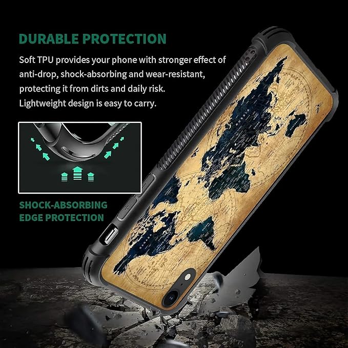 for iPhone XR Case, Brown World Map Pattern Graphic Design Girl Boy Soft Silicone Hard Acrylic Shock Protection for iPhone XR