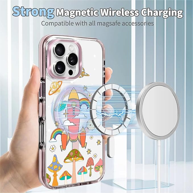 Case for iPhone 16 Pro Max,[Compatible with MagSafe],Spaceship Mushroom Phone Case Design，for Women Girls Magnetic Clear Cover - Slim, Sleek, & Shockproof Protection