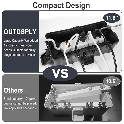 [2 Pack] Outdoor Electrical Box Waterproof, OUTDSPLY Medium Outdoor Electrical Box (11.6x5.2x4.1 inch) w/ 6 Cable Entry, Weatherproof Connection Box for Power Strip, Plug, Timer, Holiday Lights, Gray