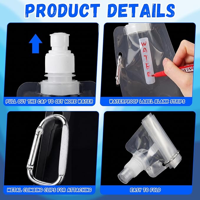 Teenyyou 48 Pack Collapsible Water Bottles Bulk 16oz Foldable Water Bottles with Carabiner Reusable Drinking Leak Proof Container Bags for Sport Biking Hiking Camping Travel Outdoor (Transparent)