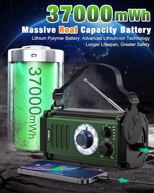 10000mAh/37000mWh Emergency Radio, Solar Radio, Hand Crank Radio, NOAA AM FM Weather Radio, 4 Charging Methods, Polymer Battery, Flashlight & Reading Lamp, SOS Alarm, Phone Charger for Emergency