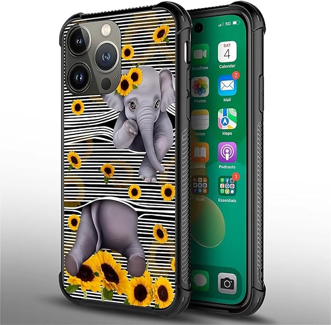 for iPhone 14 Pro Max Case, Cute Little Elephant Sunflower White Line Art Pattern Graphic Design Girl Boy Soft Silicone Hard Acrylic Shock Protection for iPhone 14 Pro Max