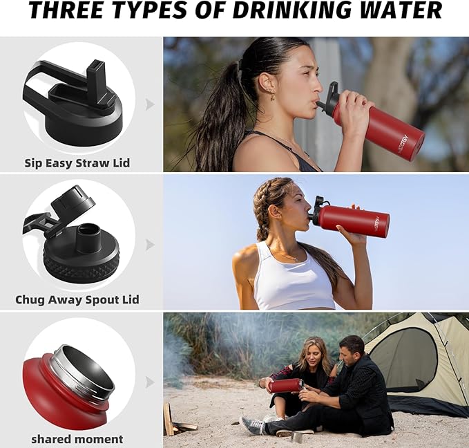 40oz Insulated Water Bottle (Cold for 48 Hrs),BPA Free&Leak Proof,Stainless Steel Water Flask,Water Jug with Straw Spout Lids for Gym,Hiking,Travel,Red