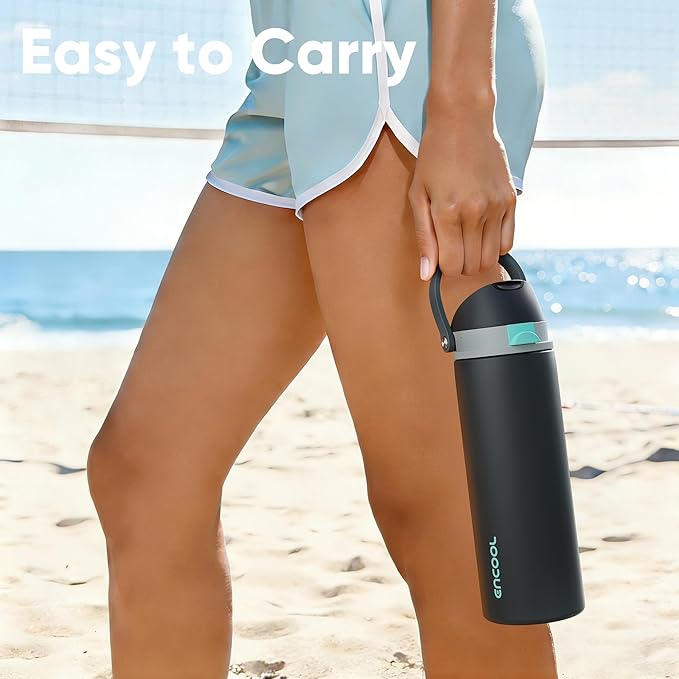 Insulated Water Bottle with Straw - Encool Stainless Steel Water Bottle with Push Button Lid, Leak-Proof & BPA-Free, Keeps Cold for 24 Hours for Sports, Travel, Gym (18 oz, Tuna Grey-Green)