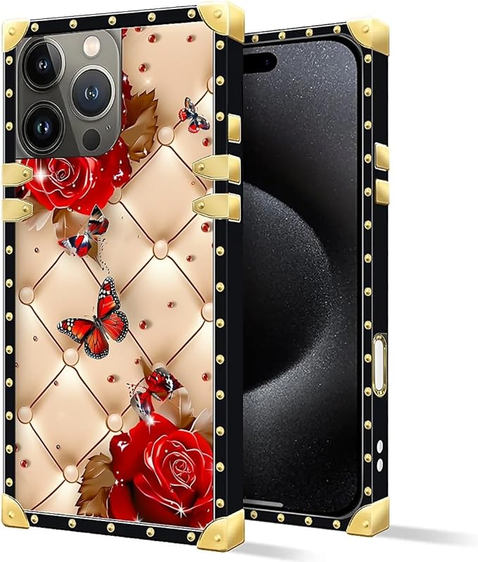 Compatible with iPhone 16 Pro Case, Shining Red Rose Butterfly Leather Background Luxury Golden Decoration for Girl Women Soft TPU Shockproof Protective Hard PC Back