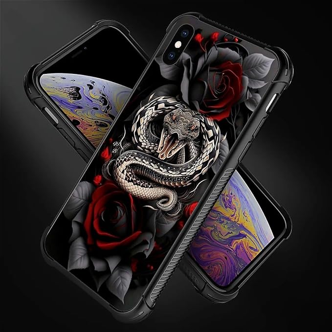 for iPhone X/Xs Case, Entwined Rose Snake Pattern Graphic Design Girl Boy Soft Silicone Hard Acrylic Shock Protection for iPhone X/Xs