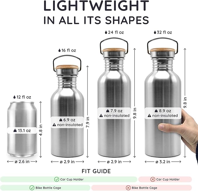 Bambaw Stainless Steel Single Wall Water Bottle, 24 oz, 750 ml, Reusable, Leakproof, Dishwasher Safe, BPA Free, Ideal for Travelling, Hiking, Yoga