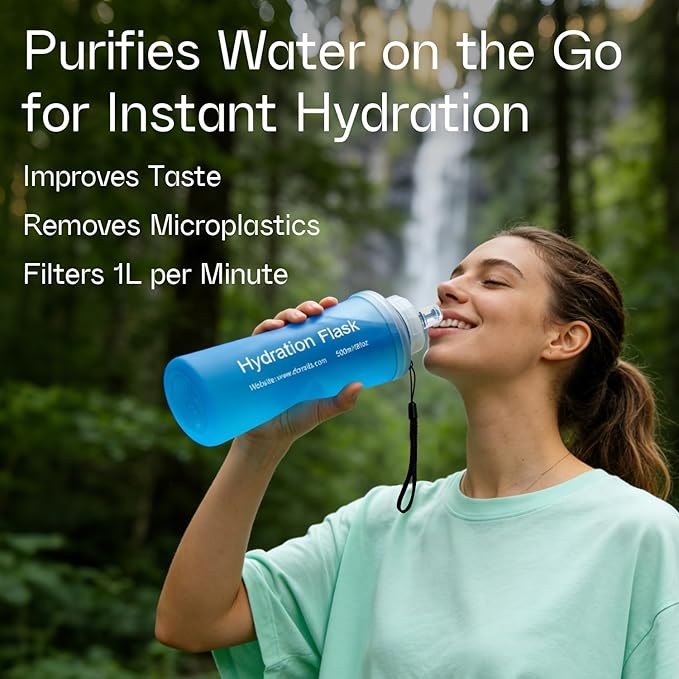 GUYI 500ml Collapsible Water Filter Bottle, Removes Impurities, BPA Free, Ultralight for Hiking, Camping, Cycling & Travel-Blue