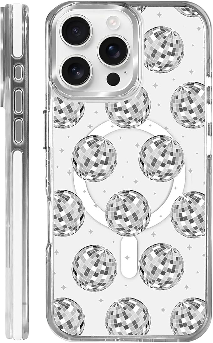 Case for iPhone 16 Pro Max,[Compatible with MagSafe],Disco Ball Grayish White Phone Case Design，for Women Girls Magnetic Clear Cover - Slim, Sleek, & Shockproof Protection