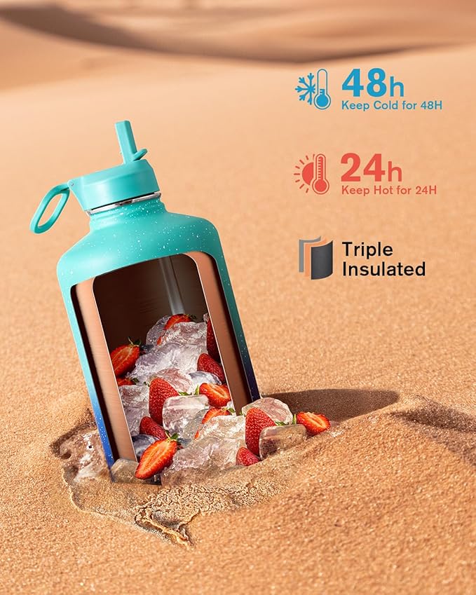 Coolflask 128 oz Gallon Water Bottle Insulated with Straw&3 Lids, Water Jug Large Stainless Steel Metal Vacuum Wide Mouth for Sports, Gym or Office, Non-BPA Keep Cold 48H Hot 24H, Glacier Blue