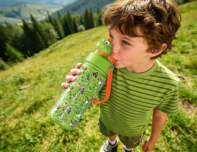 POWCAN 18 oz Kids Stainless Steel Water Bottle: 2-in-1 Straw Spout Lid with Soft Animal Head, Leakproof, Car Cupholder Friendly, Keep Cold 24H, Insulated Bottle for School, Sports, Camp (Cowboy Rex)