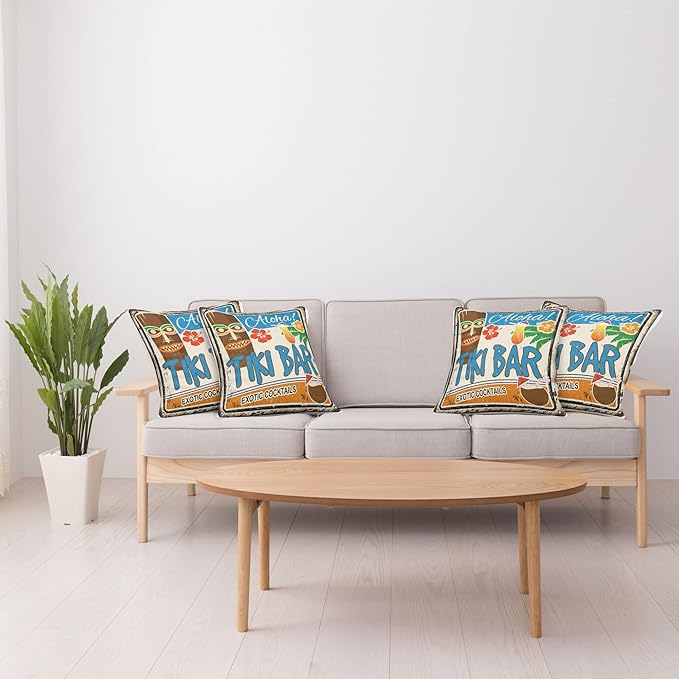 Ambesonne Tiki Bar Decorative Throw Pillow Case Pack of 4, Rusty Vintage Sign Aloha Exotic Cocktails and Coconut Drink Antique Nostalgic, Cushion Cover for Couch Living Room Car, 20", Brown Blue