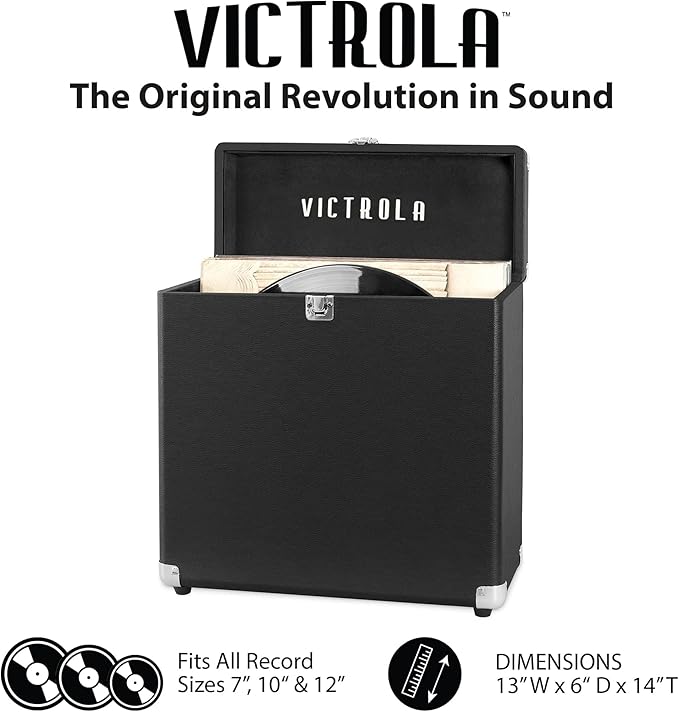 Victrola Collector – Record Storage Case – Holds 30+ Vinyl Turntable Records, Heavy-Duty Hardware, Hinges, & Smart Metal Corners, Portable with Easy-Carry Handle (Black)