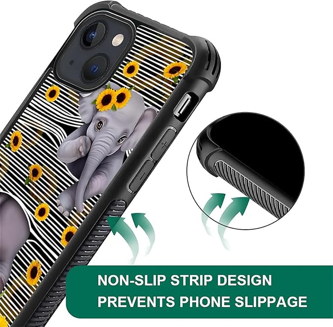for iPhone 15 Plus Case, Cute Little Elephant Sunflower White Line Art Pattern Made of Soft Silicone Hard Acrylic Shock Protection for iPhone 15 Plus