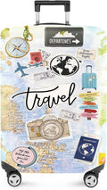 ANNA QUEEN Travel Collage Luggage Cover, World Map & Sticker Style Suitcase Protector for 28-30 Inch Travel Bags