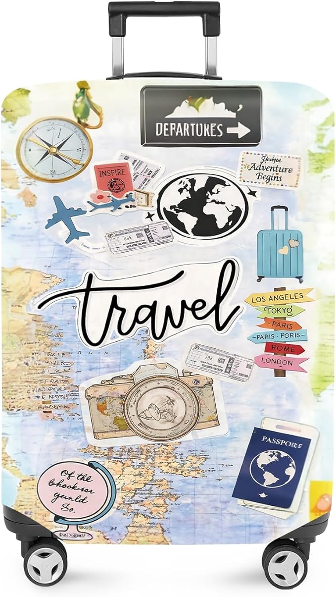 ANNA QUEEN Travel Collage Luggage Cover, World Map & Sticker Style Suitcase Protector for 32-34 Inch Travel Bags