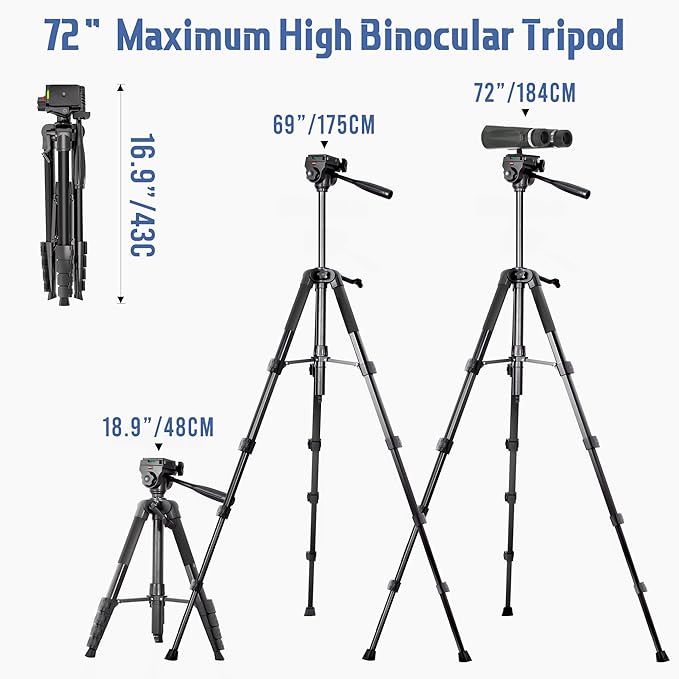 Binocular Tripod, 72” Spotting Scope Tripod Stand with Binocular Adapter and 2 QR Plates, Travel Camera Stand with Phone Holder/Carry Bag, Compatible with Binoculars/Spotting Scope/Camera/Phone