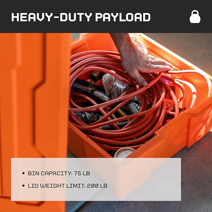 DECKED Payloader 32 L (3-Pack) - 75 lb Bin / 200 lb Lid Load Rated, Heavy-Duty Stackable Storage Bins, Fits Drawer System & Tool Box - Blaze Orange