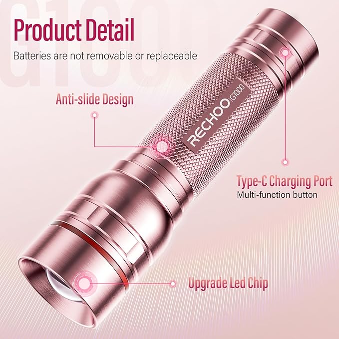 Rechargeable Flashlights High Lumens, G1000 Super Bright Flash Light 2 Pack, Small Zoomable LED Flashlight with 3 Lighting Modes, Portable Flashlights for Camping Essentials, Gift for Women (Pink)