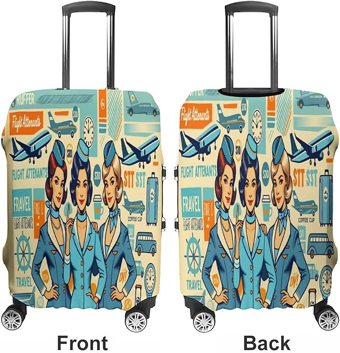 Flight Attendants Travel Vintage Style Retro Stretch Luggage Cover, Washable Suitcase Protector Fits 26-28in Cases, Secure Fit for Carry On Checked Bags, Travel Essentials