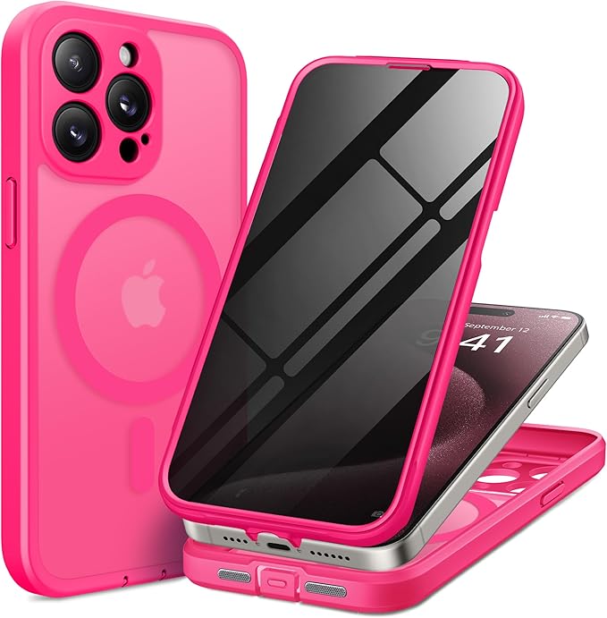 TIESZEN for iPhone 15 Pro Max Case, Compatible with MagSafe, Built-in Privacy Screen Protector and Camera Protection, Anti Spy Full Body Dustproof Shockproof Hard Phone Case 6.7", Hot Pink