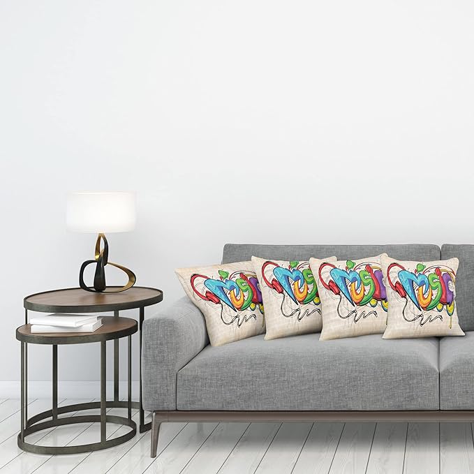 Ambesonne Music Throw Pillow Cushion Case Pack of 4, Illustration of Graffiti Style Lettering Headphones Hip Hop Theme on Beige Bricks, Modern Accent Double-Sided Digital Printing, 18", Tan Green