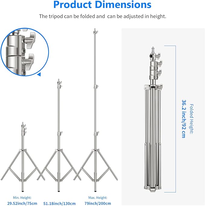 NEEWER 79"/2m Stainless Steel Light Stand, Spring Cushioned Heavy Duty Photography Tripod Stand with 1/4” to 3/8” Universal Screw Adapter for Strobe, LED Video Light, Ring Light, Monolight, Softbox
