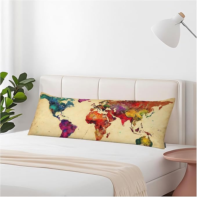 World Map Body Pillow Pillowcase, Retro World Map Colorful Body Pillow Cushion Cover, 20x54 Inch Lumbar Pillow Cover Large Pillow Protector for Home Couch Sofa