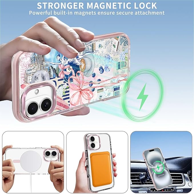 Case for iPhone 16,[Compatible with MagSafe],Pink Bow Girly Coquette Collage Phone Case Design，for Women Girls Magnetic Clear Cover - Slim, Sleek, & Shockproof Protection