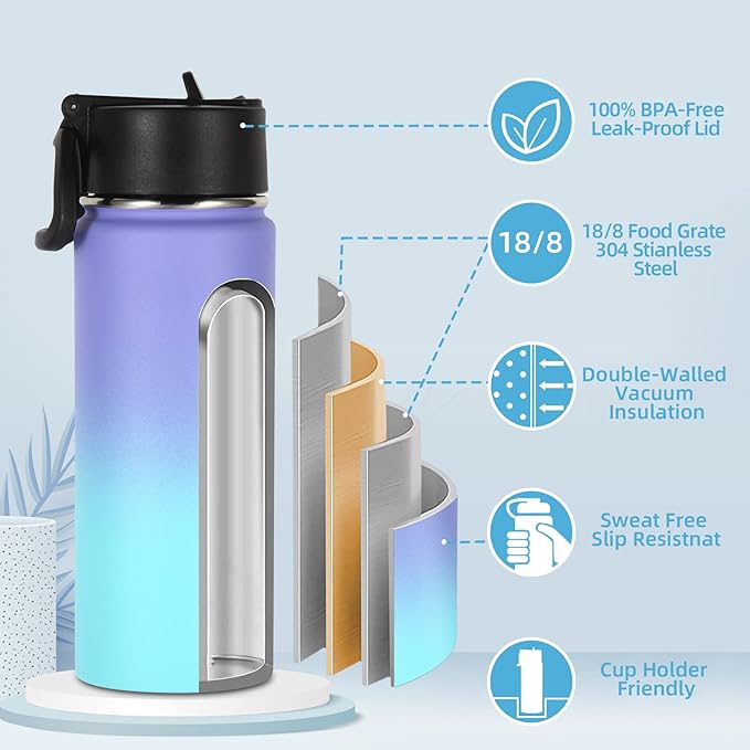 Volhoply 18oz Insulated Water Bottle Bulk 8 Pack,Kids Stainless Steel Water Bottles with Straw Lid,Wide Mouth Reusable Metal Cups,Double Wall Vacuum Sports Flask For Cold Drink(Eight Color,8 Set)