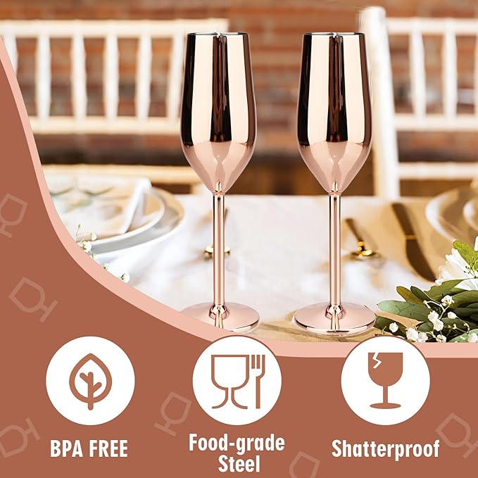 TJ Unbreakable 8 Oz Stainless Steel Champagne Flutes (4 Pack)- Rose Champagne Glasses - Reusable Indoor Outdoor Drinkware - Keeps Drink Cool for Longer - Gift Idea