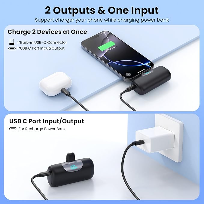 [2 Packs]Mini Portable Charger for iPhone 17, 5500mAh LCD Display USB C Power Bank,Fast Phone Charging Travel Pocket Size Battery Pack for iPhone 17/17 Pro/17 Pro Max/16/15 Series,Android(Black+Pink)