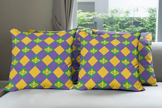 Ambesonne New Orleans Throw Pillow Cushion Case Pack of 4, Mardi Gras Themed Rhombuses with Fleur De Lis Motifs Classic Geometry, Modern Accent Double-Sided Digital Printing, 20", Violet Yellow