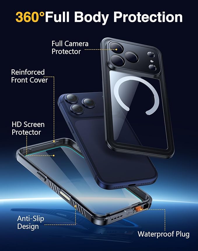 Lanhiem Magnetic for iPhone 17 Pro Max Case Waterproof, Built in Screen Protector & Camera Protection, [Compatible with MagSafe] Full Body Dustproof Heavy Duty Rugged Phone Case 6.9'' (Blue)