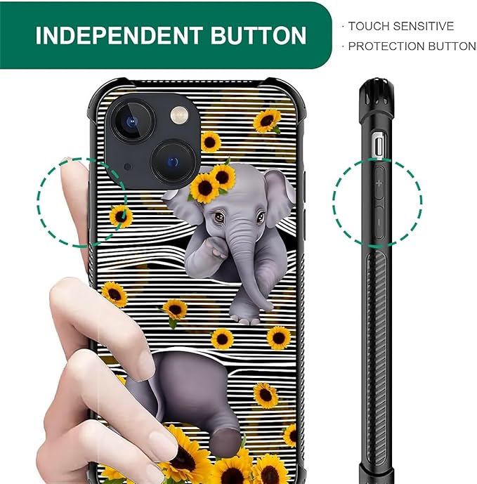 for iPhone 14 Plus Case, Cute Little Elephant Sunflower White Line Art Pattern Made of Soft Silicone Hard Acrylic Shock Protection for iPhone 14 Plus