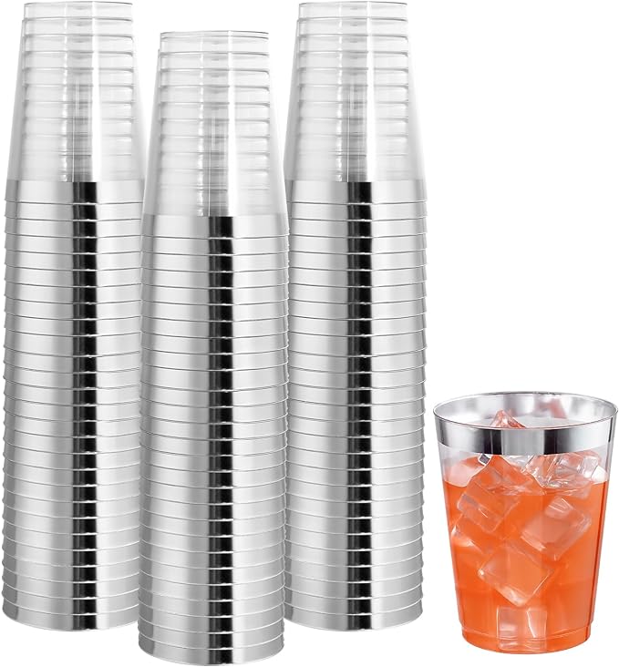 I00000 100PCS Silver Plastic Cups,10 oz Clear Plastic Cups with Silver Trim, Heavy-Duty Disposable Hard Cup For Party, Premium Cup Perfect for Wedding & Party