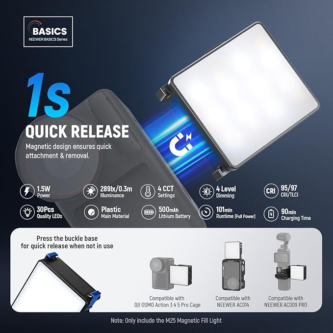 NEEWER Basics Bi Color Magnetic LED Camera Light Compatible with DJI OSMO Nano Action 3 4 5 Pro Cage AC009 PRO Pocket 3 Accessories Bracket, 1.5W Plastic Selfie Vlog Fill Light Attachment CRI95+, M25
