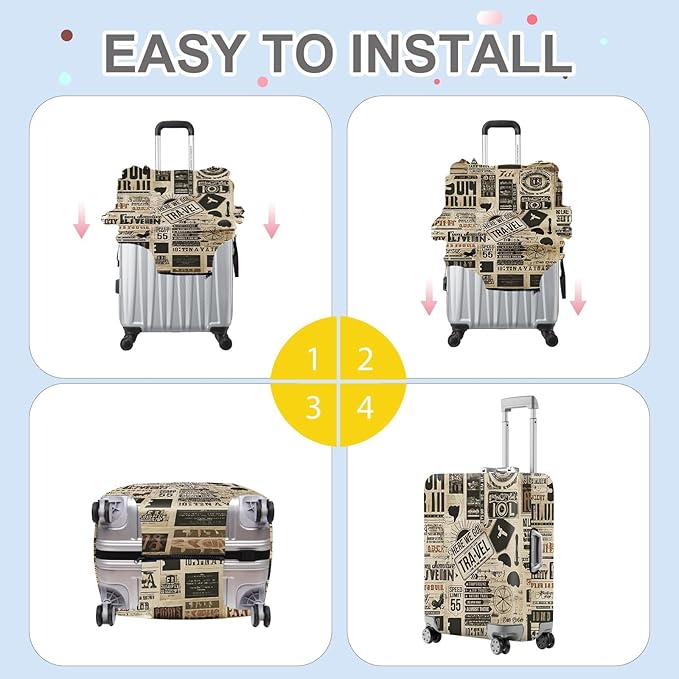 ANNA QUEEN Vintage Travel Collage Luggage Cover, Retro Suitcase Protector, Stretchable Washable Cover for 32-34 Inch Luggage