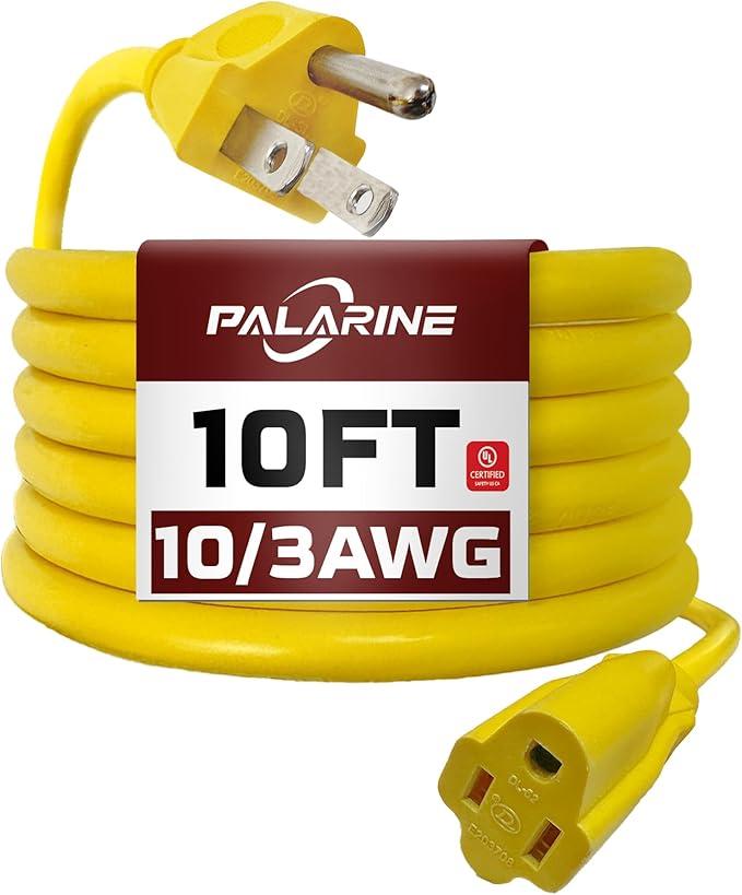 10ft Yellow Outdoor Extension Cord Waterproof, UL Listed, 10/3 SJTW Heavy Duty 3 Prong, 10 Gauge 15A Power Ideal for Indoor Outdoor Lights, Appliances, and Lawn