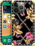 Compatible with iPhone 14 Pro Max Case, Pink Golden Chain Tropical Flower Luxury Golden Decoration for Girl Women Soft TPU Shockproof Protective Hard PC Back for iPhone 14 Pro Max