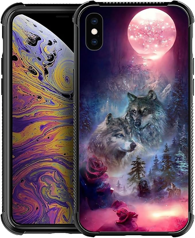for iPhone Xs Max Case, Star Two Wolfs Howling Pattern Graphic Design Girl Boy Soft Silicone Hard Acrylic Shock Protection for iPhone Xs Max