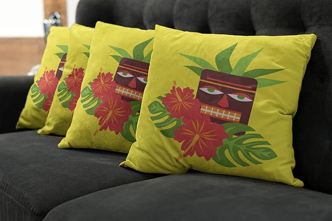 Ambesonne Luau Throw Pillow Cushion Case Pack of 4, Vibrant Composition of a Tiki Exotic Summer Hibiscus and Palm Leaves, Modern Accent Double-Sided Digital Printing, 16", Yellow Multicolor