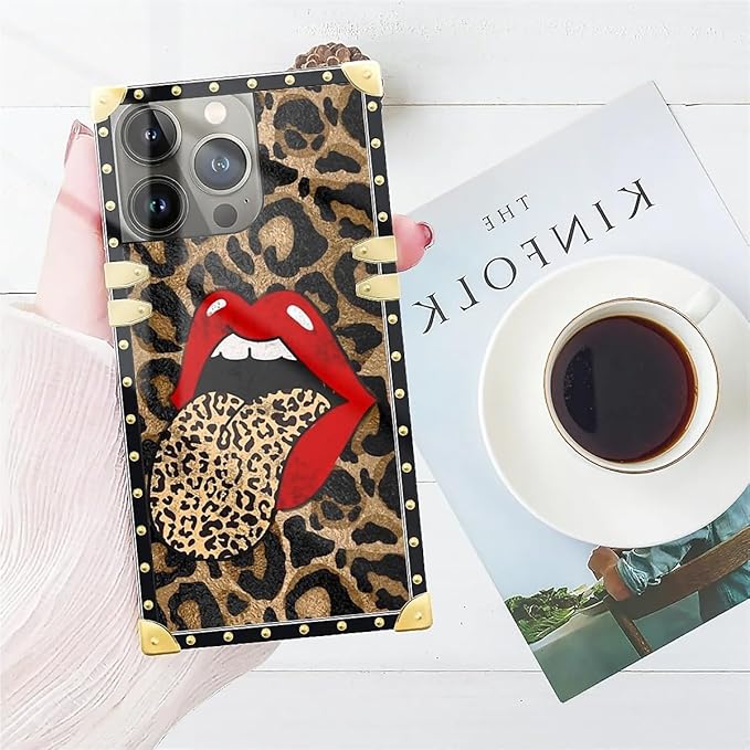 Compatible with iPhone 14 Pro Max Case, Brown Leopard Print Mouth Luxury Golden Decoration for Girl Women Soft TPU Shockproof Protective Hard PC Back for iPhone 14 Pro Max