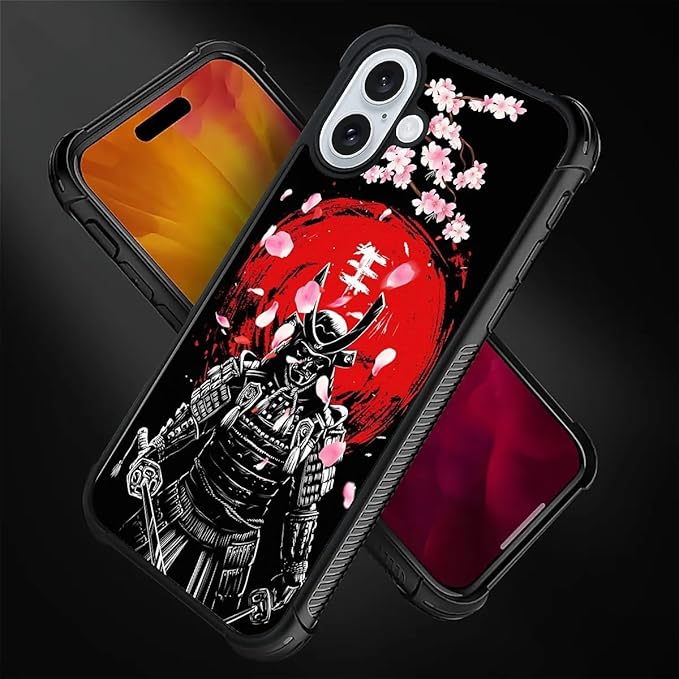 for iPhone 16 Plus Case, Sakura Japanese Samurai Pattern Graphic Design Girl Boy Soft Silicone Hard Acrylic Shock Protection for iPhone 16 Plus