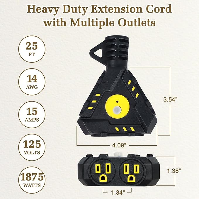 25FT 14 Gauge Outdoor Extension Cord 6-Outlet 14/3 SJTW Heavy Duty Extension Cord with Multiple Outlets Waterproof 3 Prong for Garage Workshop 15A 125V 1875W ETL Listed