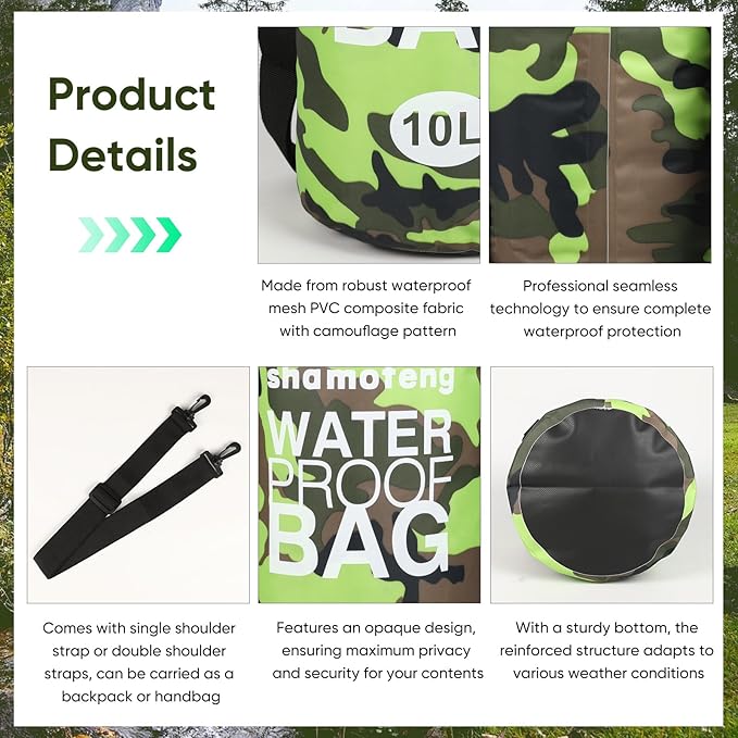 Waterproof Dry Bag 5L/10L/15L/20L/30L Roll Top Dry Storage Backpack with Phone Case, Collapsible Water Bottle, Sunglasses, Ear Band for Kayaking Boating Swimming Fishing Camping, Green 20L