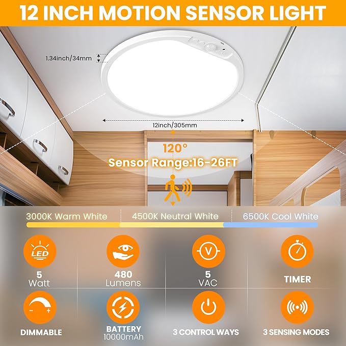 SunRider 12 Inch Rechargeable Motion Sensor LED Ceiling Light with Remote, Wireless Dimmable 3CCT Battery Operated LED Closet Lights for Stair, 2-Pack