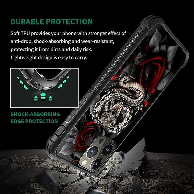 for iPhone 16 Pro Case, Entwined Rose Snake Pattern Graphic Design Girl Boy Soft Silicone Hard Acrylic Shock Protection for iPhone 16 Pro
